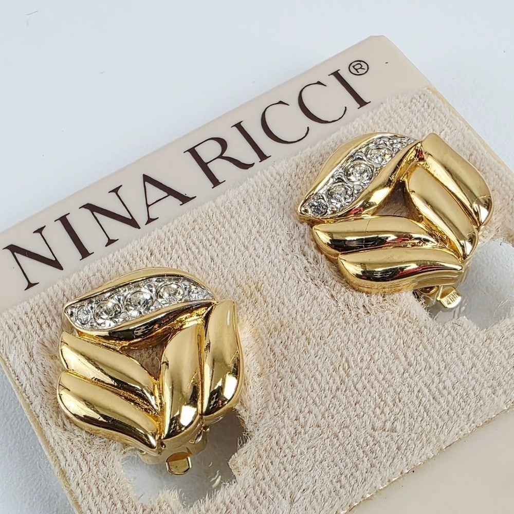 Nina Ricci Clip On Earrings OS Gold Tone Crystal Swirl Vintage French Designer